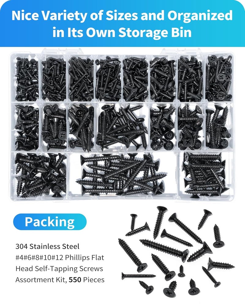DIVANC 550Pcs 304 Stainless Steel Wood Screws Assortment Kit, Phillips Flat Head Sheet Metal Screws Self Tapping Screws Set, #4#6#8#10#12 Wood Assorted Screw (Black-Flat Head 550PCS) - Image 5
